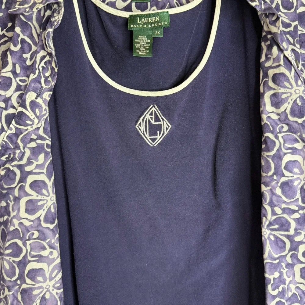 Lauren Ralph Lauren Shirt Set Womens 3X Purple Floral Button Up Tank Top 2pc